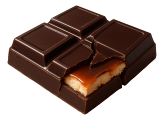 Dark chocolate bar fractured, with a hint of nougat and caramel joining the parts.