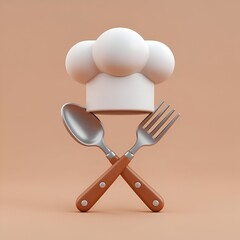 3D chef hat with crossed spoon and fork on beige background  