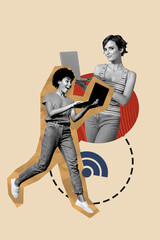 Vertical contemporary photo collage of happy girl guy hold laptop wifi distance chat messenger communication mail speech