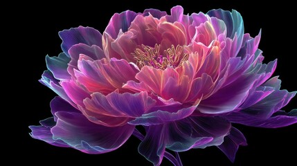 Obraz premium Neon peony in shades of pink and purple, intricate glowing petals against a solid black background, digital art