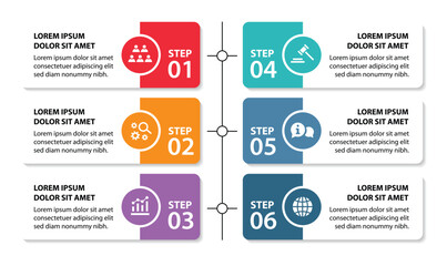 6 steps infographic template with 6 options. Flowchart that can be used for business report, data visualization and presentation. Timeline infographic elements vector illustration.