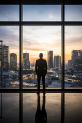 Fototapeta premium Silhouetted entrepreneur at office window overlooking city skyline