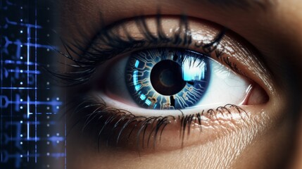 Obraz premium Cybernetic eye with blue digital tech enhancements
