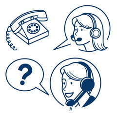 Customer service representatives with headsets and a vintage telephone with a question mark symbol