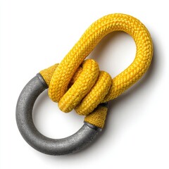A vibrant yellow rope, intricately knotted and secured within a sturdy grey metal ring, isolated on a stark white background