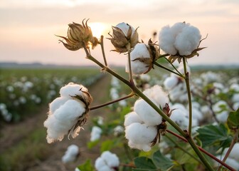 A close-up of cotton clusters on a stalk with soft background, showcasing a cotton farm