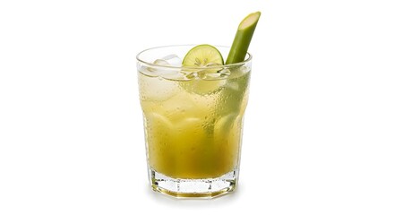 Fototapeta premium A refreshing glass of sugarcane juice, garnished with a lime slice and a sugarcane stalk. This vibrant drink is perfect for a hot day.