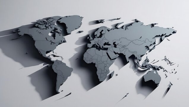 Angled 3D World Map with Dramatic Shadows global geography