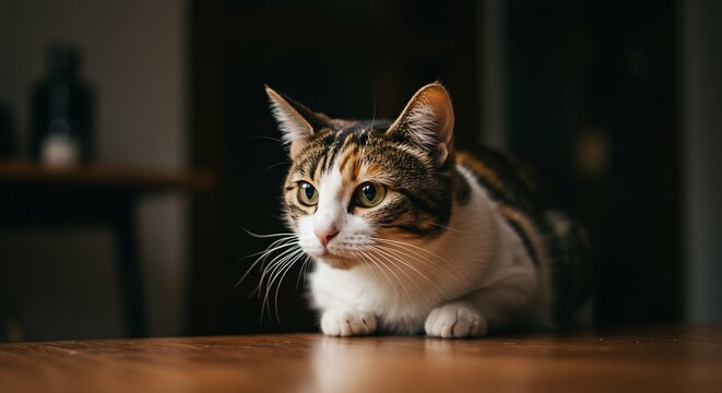 A Watchful Calico Cat with Green Eyes in Dramatic Low-Key Lighting