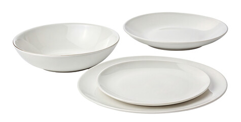 Elegant white dinnerware set with bowls and plates for home dining and minimalist table settings 