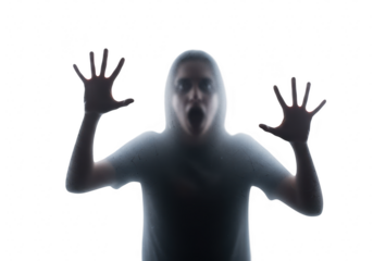 Scary silhouette of a person screaming with hands outstretched isolated on transparent background