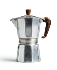 A vintage aluminum stovetop espresso maker with a dark brown plastic handle and knob, showing signs of use and slight discoloration