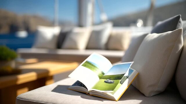 Reading on a yacht deck with cushions and soft natural light