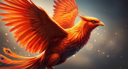 Fototapeta premium Phoenix bird with fiery orange wings flying in the sky