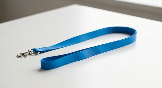 A simple blue lanyard with a shiny metal clasp for holding an ID badge or keys, isolated on a clean white table background.