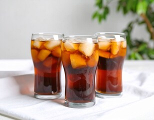 Refreshing Brown Beverage with Ice in Clear Glass on White Table
