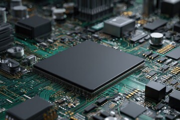 Close-up of a dark gray microprocessor centrally positioned on a detailed green circuit board, surrounded by various smaller electronic components