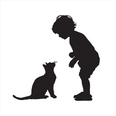 Silhouette of a Little Child Playing with a Cat – Vector Illustration