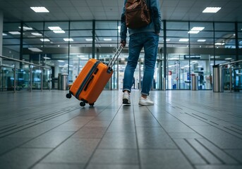 Vibrant Orange Suitcase in Motion: A Traveler's Journey Through a Modern Terminal