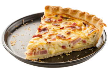 Savory bacon quiche with creamy cheese filling on a baking tray in a delicious golden baked crust