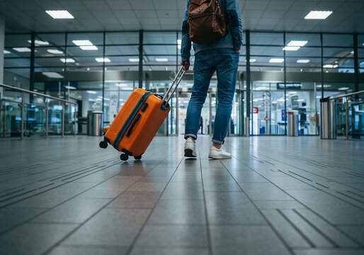 Vibrant Orange Suitcase in Motion: A Traveler's Journey Through a Modern Terminal
