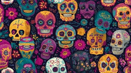 Fototapeta premium A vibrant array of colorful sugar skulls against a dark background, adorned with floral patterns and intricate designs.