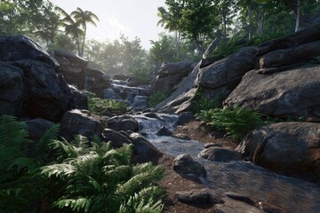 Lush tropical stream cascading through rocky terrain