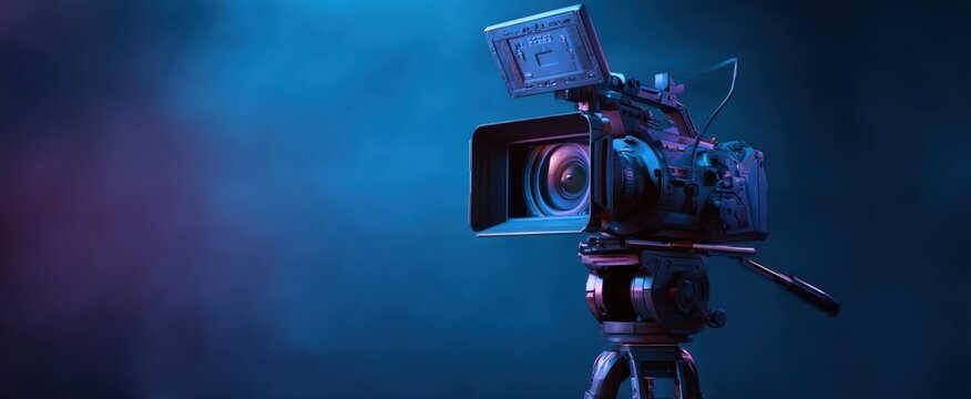 The professional camera poised for dynamic videography in vibrant lighting. - Powered by Adobe