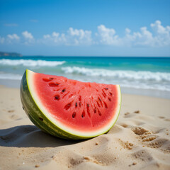 Juicy Watermelon Slice on Sandy Beach with Ocean Waves in Background