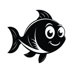 Cartoon black and white fish illustration with big eyes and smiling face