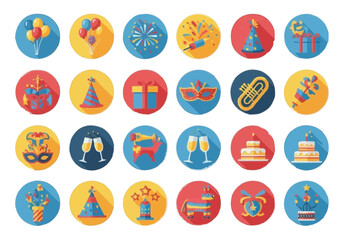 Set of flat party icons with long shadow style. Birthday, new year, and celebration event symbols collection.