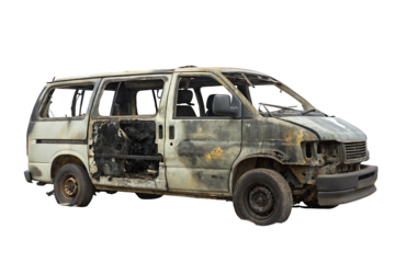 Burned out van with extensive damage abandoned in a remote area signifying decay and neglect