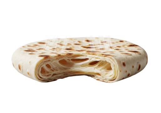 A fresh, warm, golden-brown flour tortilla, dramatically torn, steaming interior, intricate folds, ultra-macro, low-angle, crisp studio light, centered on a clean transparent background, culinary