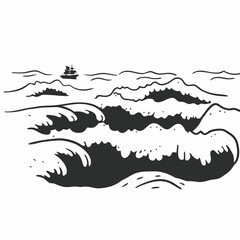 Obraz premium A solitary sailboat navigates through rough choppy ocean waves under a clear sky in a striking black and white graphic illustration