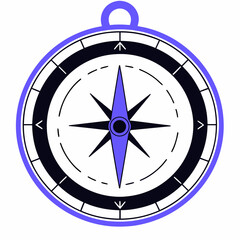 A stylized graphic illustration of a compass with a blue outline and a blue needle pointing north on a white background