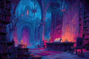 Dark, mystical library interior with purple and blue hues