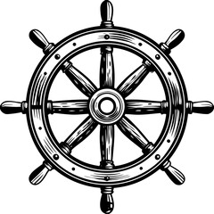 Classic wooden ship s wheel in black and white illustration isolated on white background © Stock
