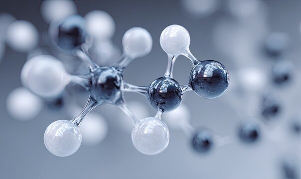 Close-up of a molecular structure model, showcasing interconnected spheres in shades of black and white, rendered with a depth of field effect against a muted gray backdrop