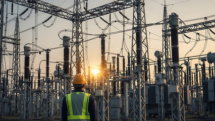 Engineer in Hardhat Surveys a High-Voltage Substation with Sparks at Sunset