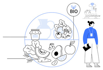 Fresh produce including fruits, vegetables, and dairy tagged as organic. Woman observing smart farming tech. Ideal for sustainability, farming, bio-certification, innovation, nutrition eco-living