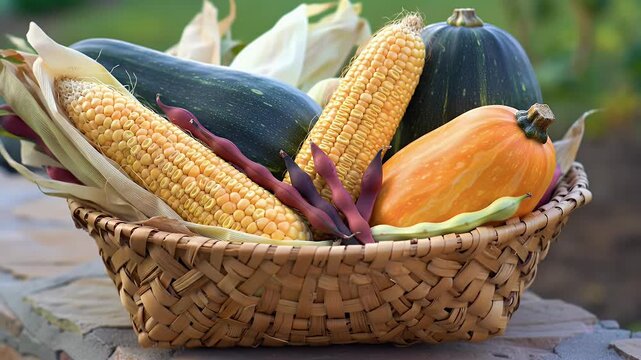 A woven basket overflowing with fresh, colorful harvest vegetables, including corn and squash.