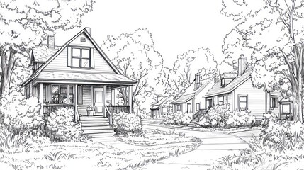 Suburban street scene, houses, trees, idyllic neighborhood, architectural drawing, real estate