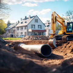Large pipe installation at new housing development with excavator preparing ground for utility infrastructure