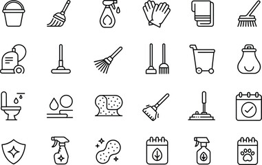 Obraz premium Cleaning supplies and tools icon set for household chores vector