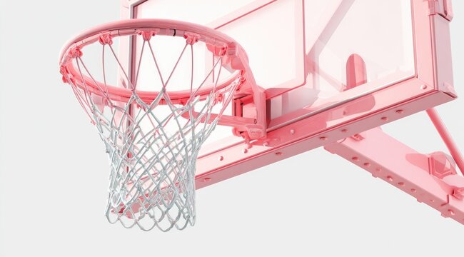 Close-up of a pink basketball hoop and net against a white background; the net is white and the hoop is a glossy, light pink