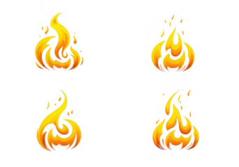 Set of four stylized fire flame icons isolated on transparent background
