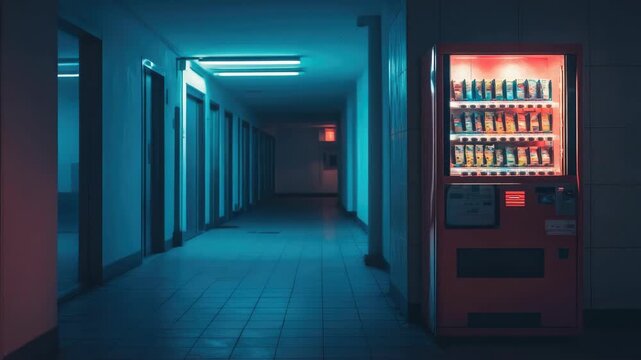 Dimly lit hallway with glowing red vending machine and blue fluorescent lights Empty corridor in modern building