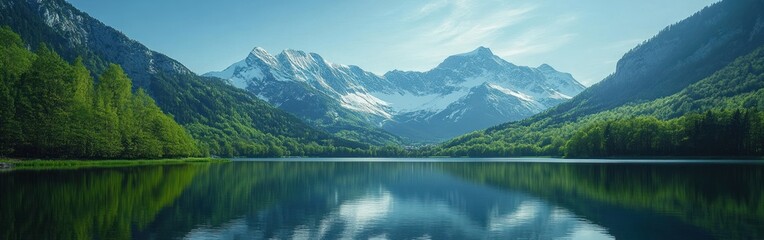 Fototapeta premium A tranquil lake nestled between snow-capped mountains and lush green forests.