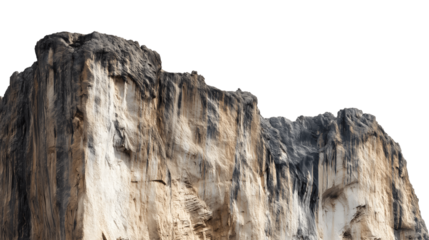  towering rock formation of imposing height and textured facade isolated on white background