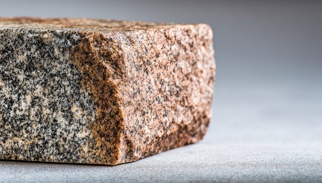 Close-up of a rough-hewn, rectangular stone sample with a bicolor pattern; one half is dark gray speckled with lighter flecks, the other half is reddish-brown with similar speckling; 